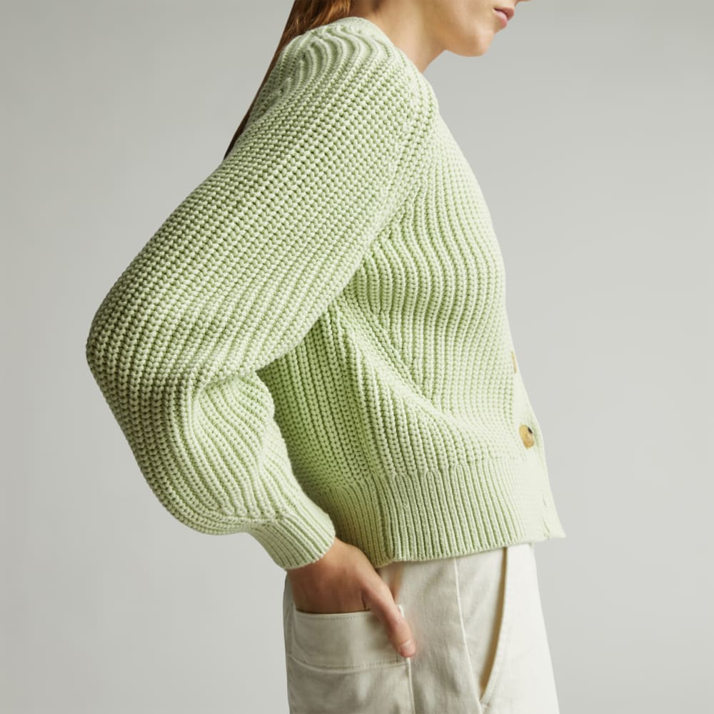 The Texture Cotton Cardigan in Seafoam Green — detail view