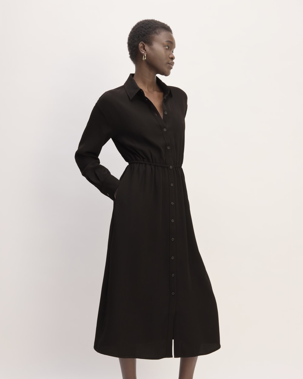 The Mini Jacquard Stripe Shirt Dress in Black — detail view