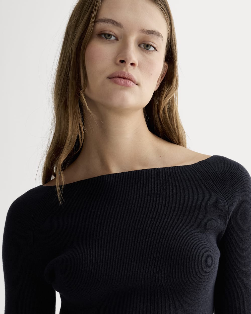 The Knit Boatneck Top in Navy — detail view