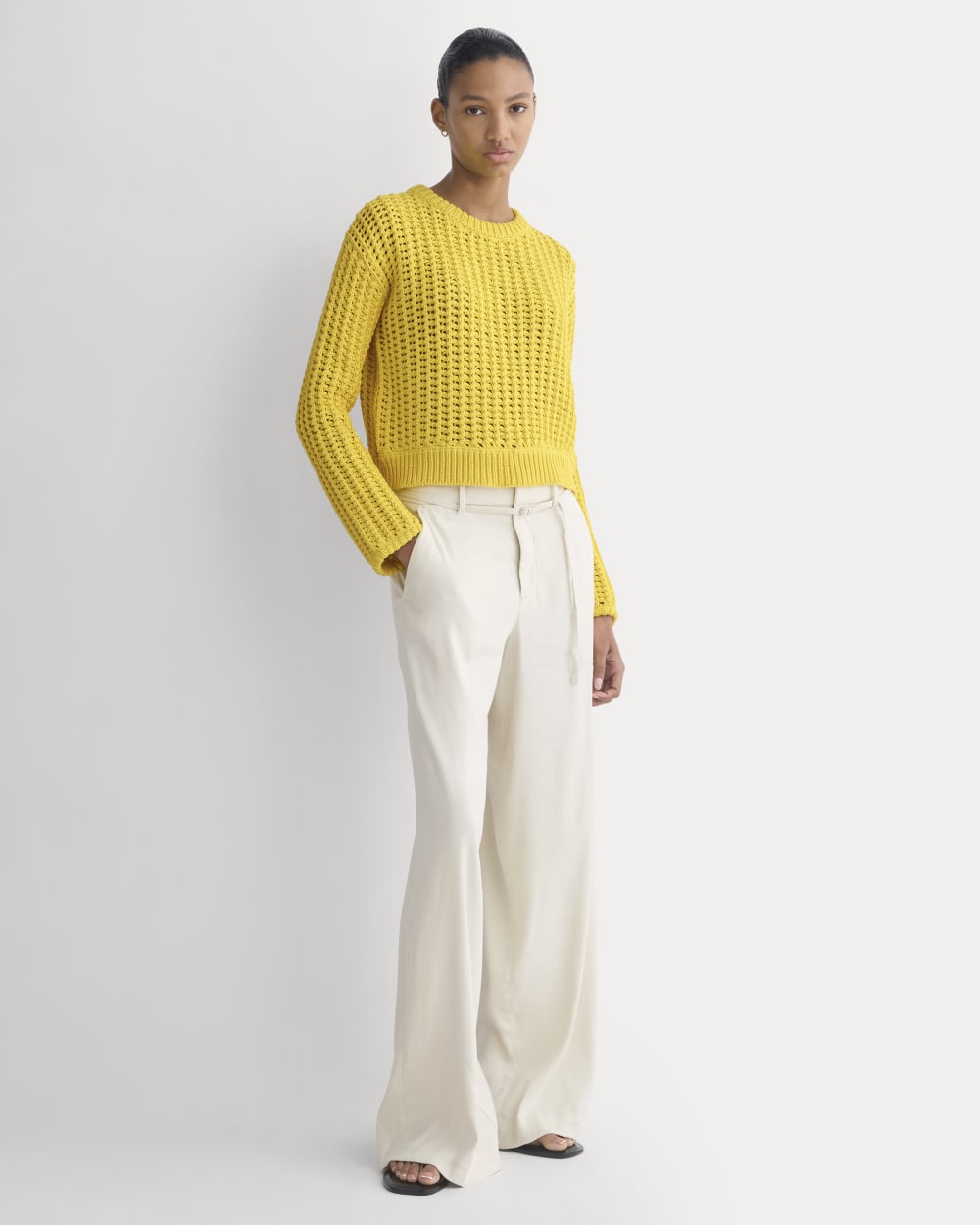 Open-Knit Crew in Elevated Cotton in Passion Fruit — detail view