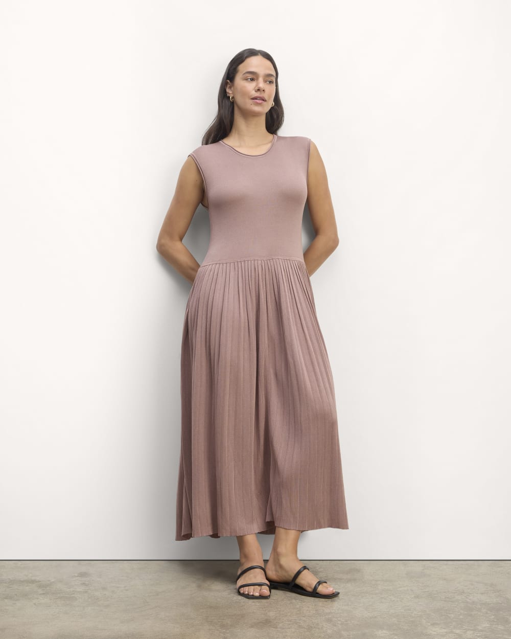 The Knit Pleated Dress in Dusty Rose — front view