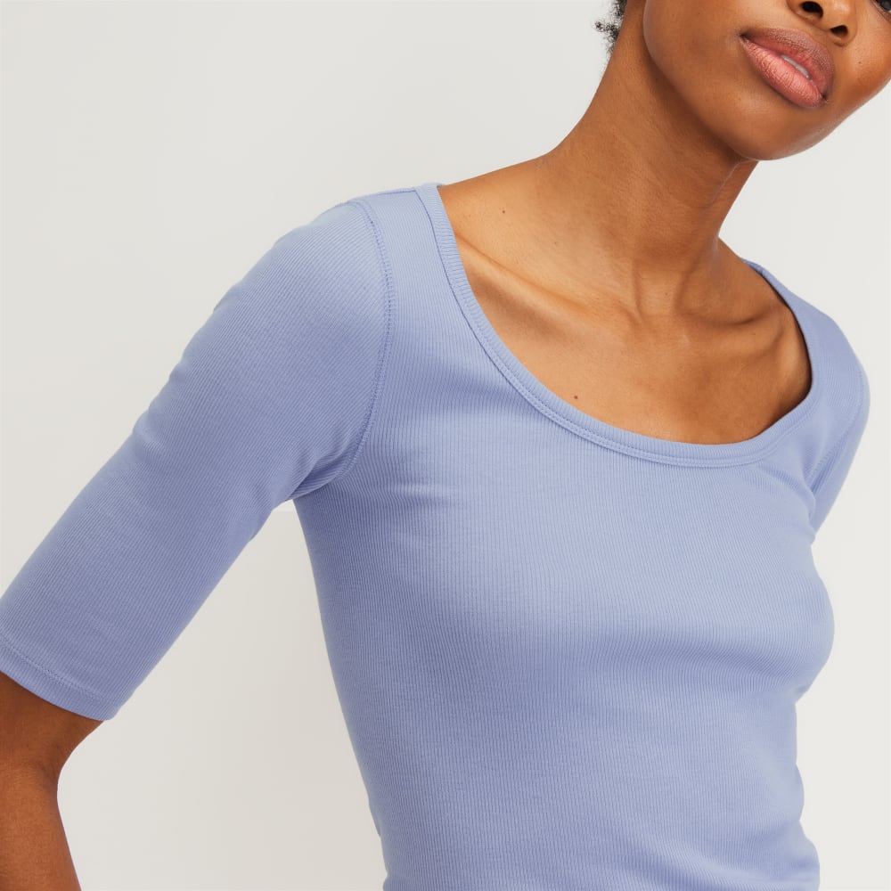 The Luxe Micro-Rib Scoop-Neck Tee in Cornflower Blue — detail view