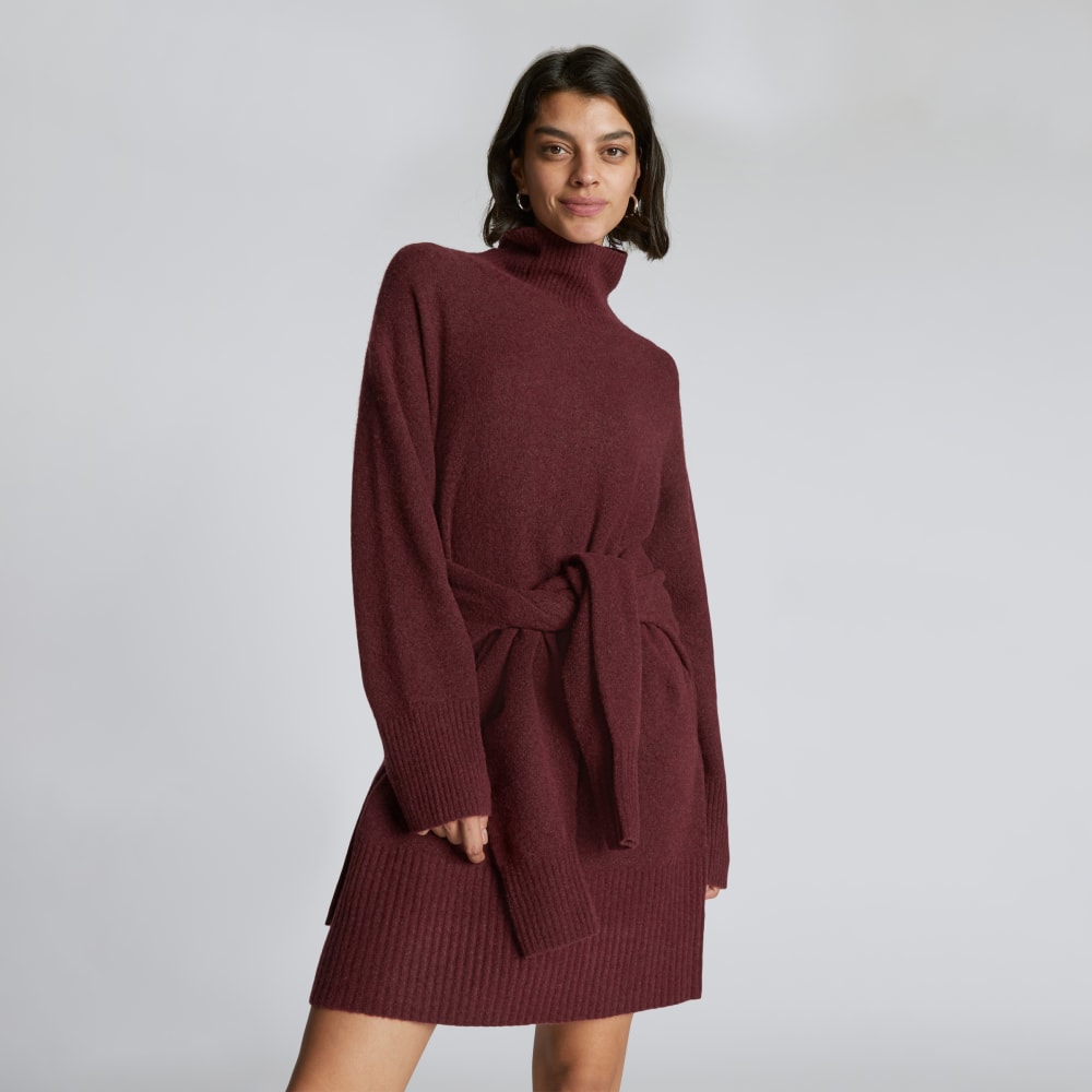 The Cozy Stretch Turtleneck Dress in Brandy — detail view
