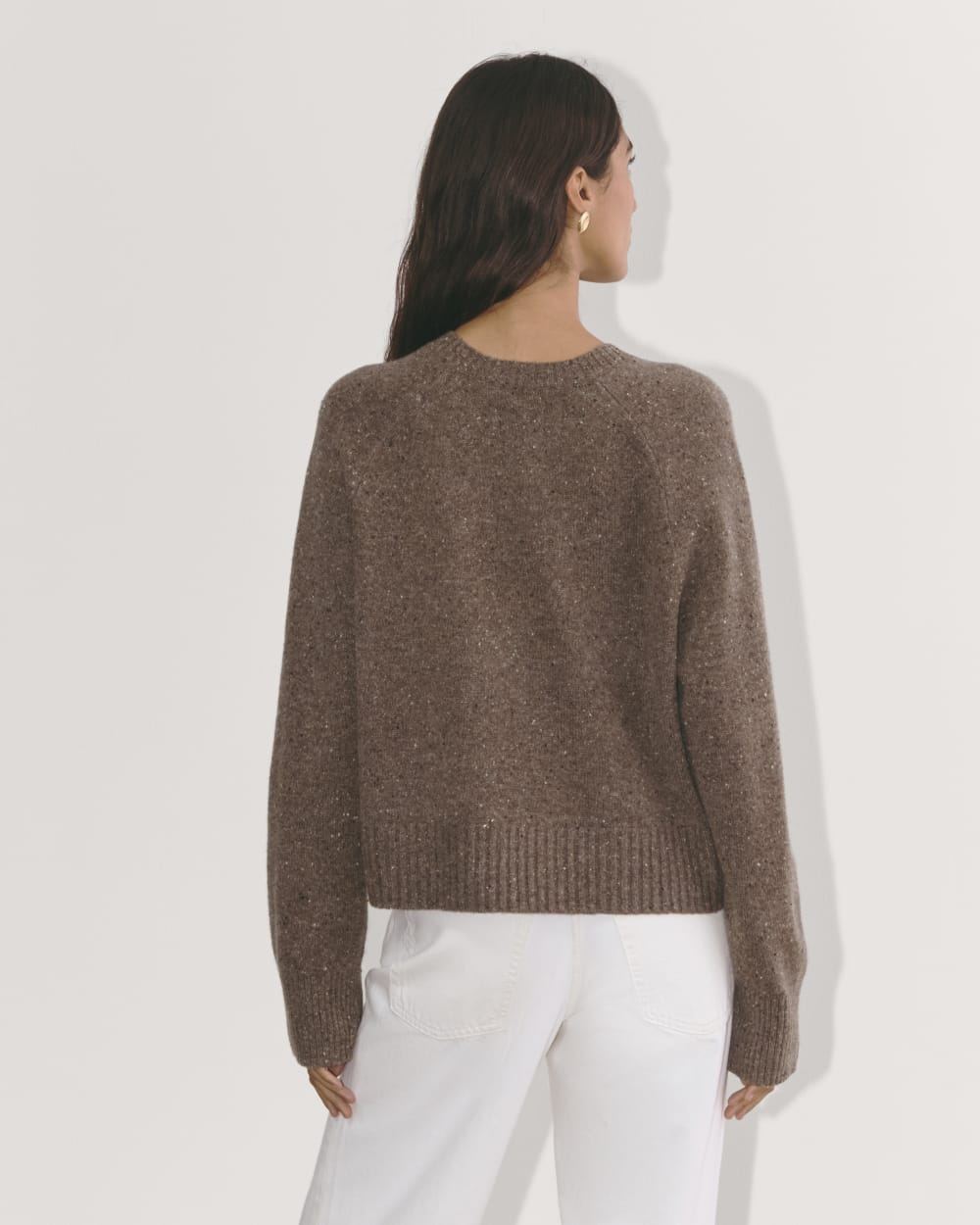 The Boxy Crew in Cashmere in Taupe Brown Donegal — detail view