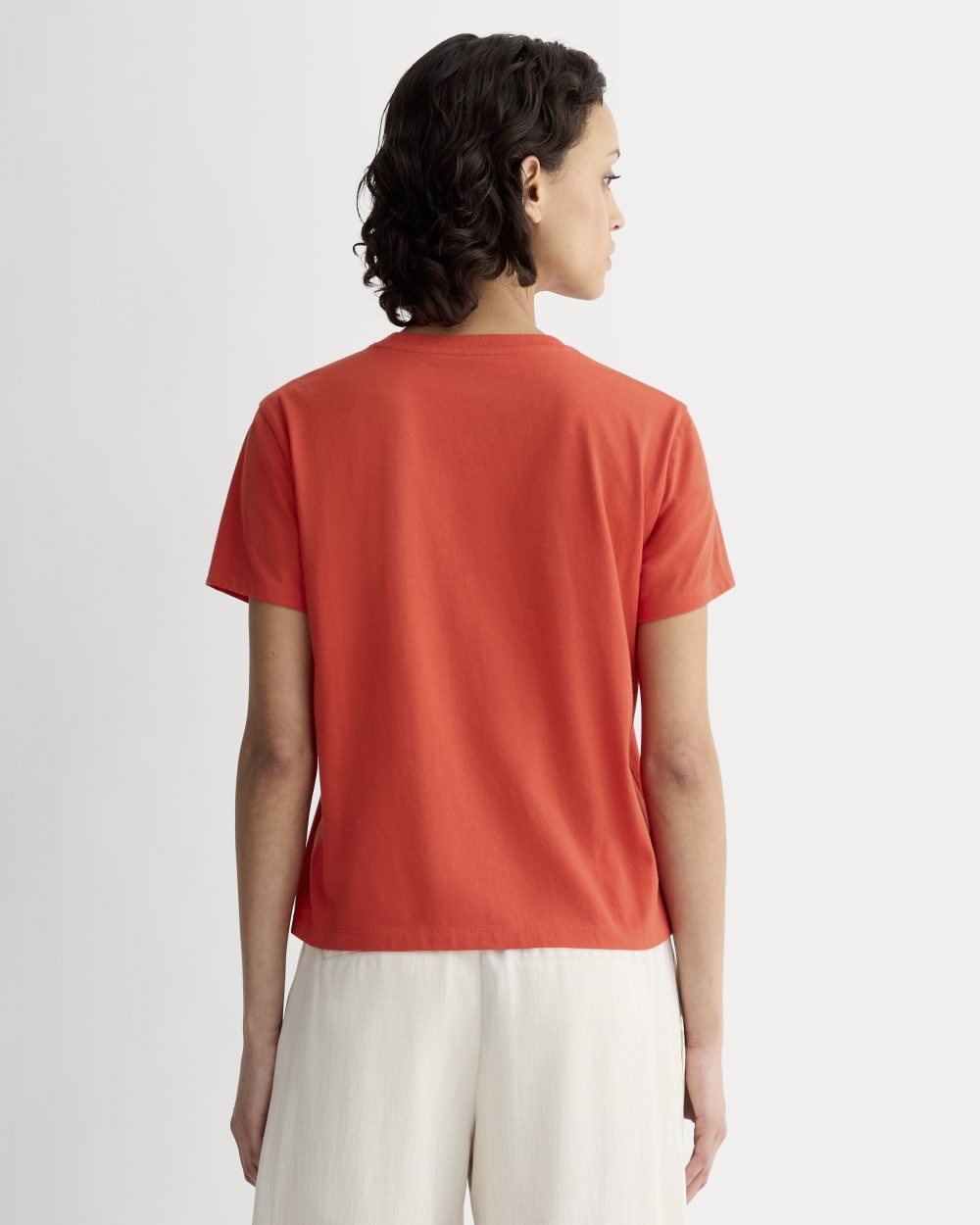 The Box-Cut Tee in Essential Cotton in Poppy Red — detail view