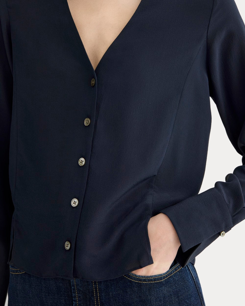 The V-Neck Blouse in Washable Silk in Navy — detail view