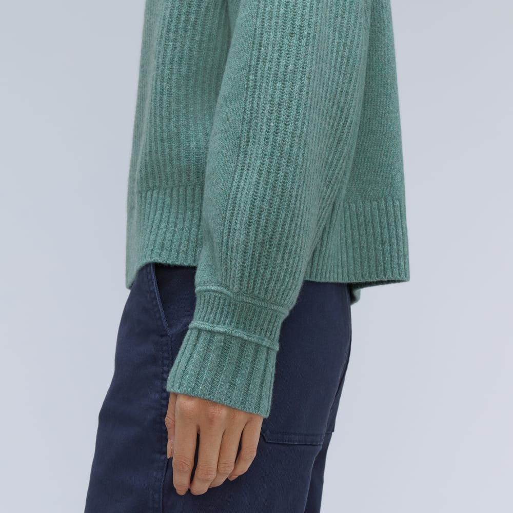 The Cashmere Ribbed Turtleneck in Heathered Dusty Aqua — detail view