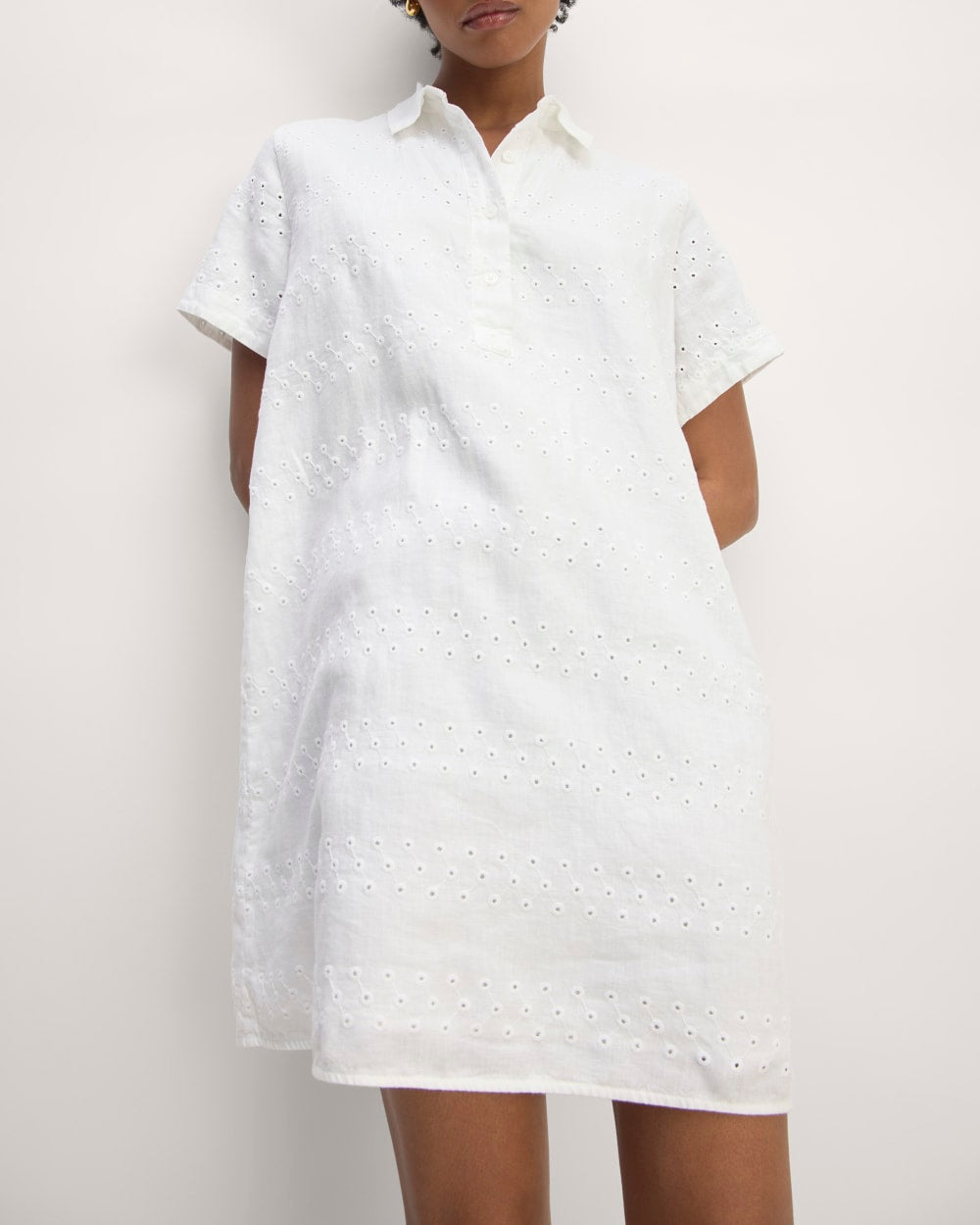 The Linen Eyelet Shirtdress in White Eyelet — detail view