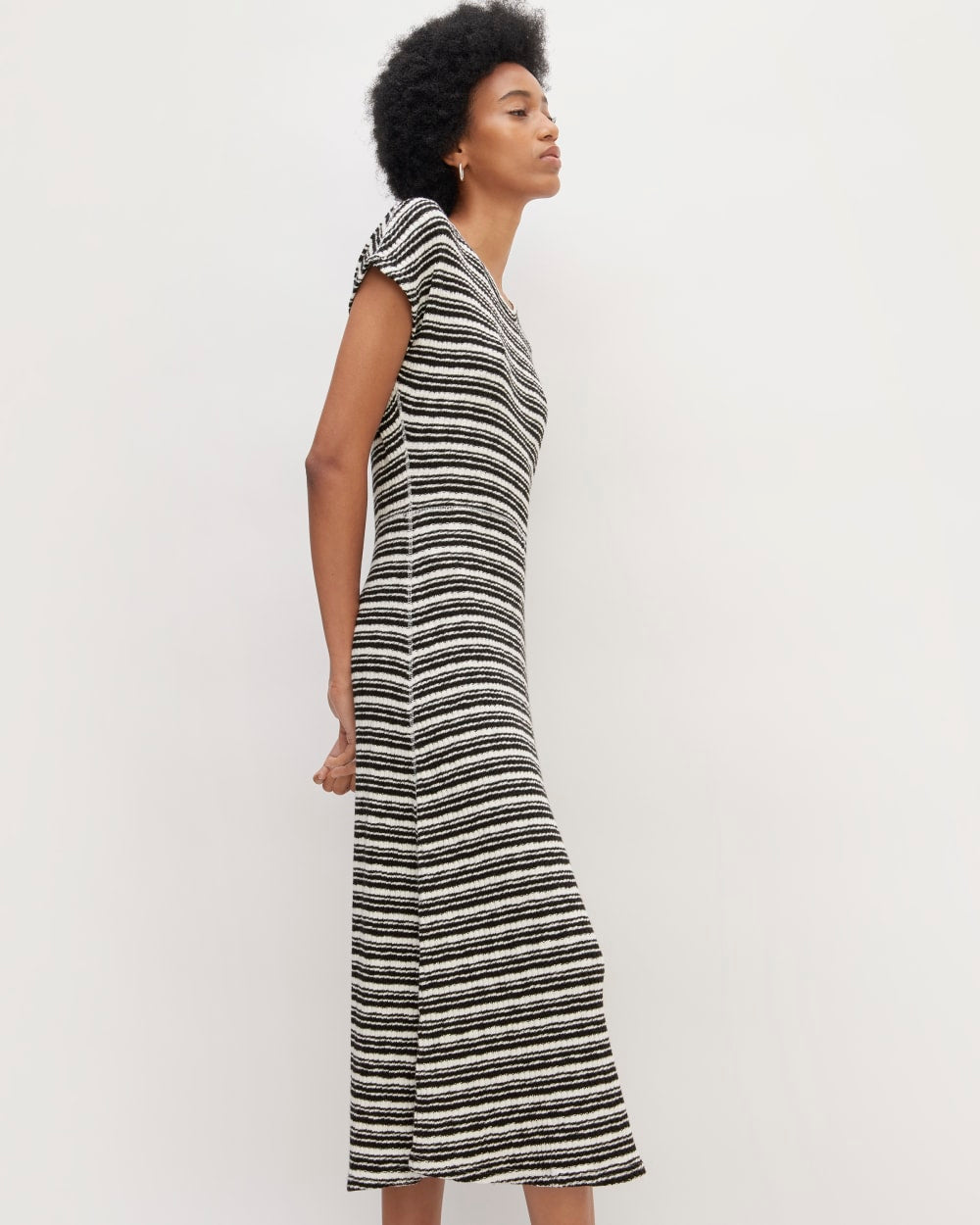 The Rib-Knit Cap-Sleeve Midi Dress in Bone / Black — detail view
