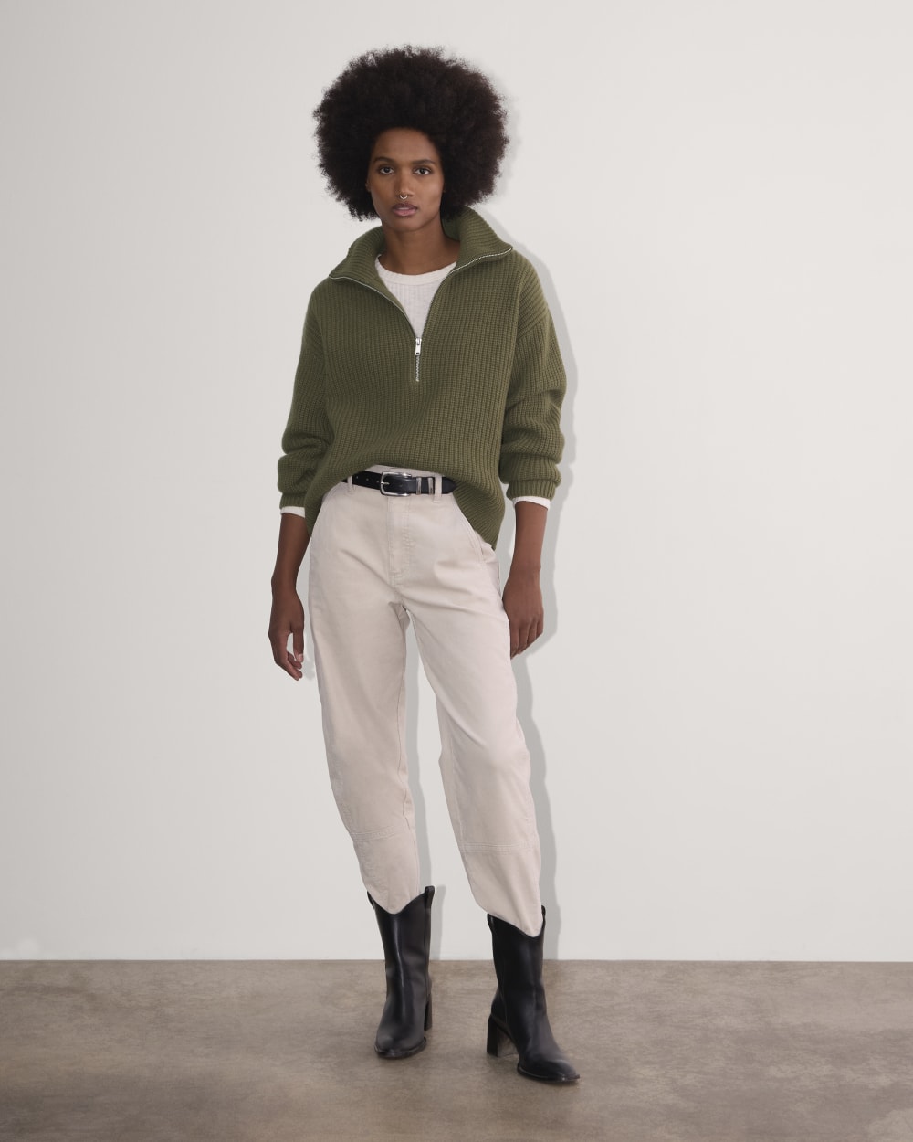 The Half-Zip Sweater in Luxe Merino in Kalamata — detail view