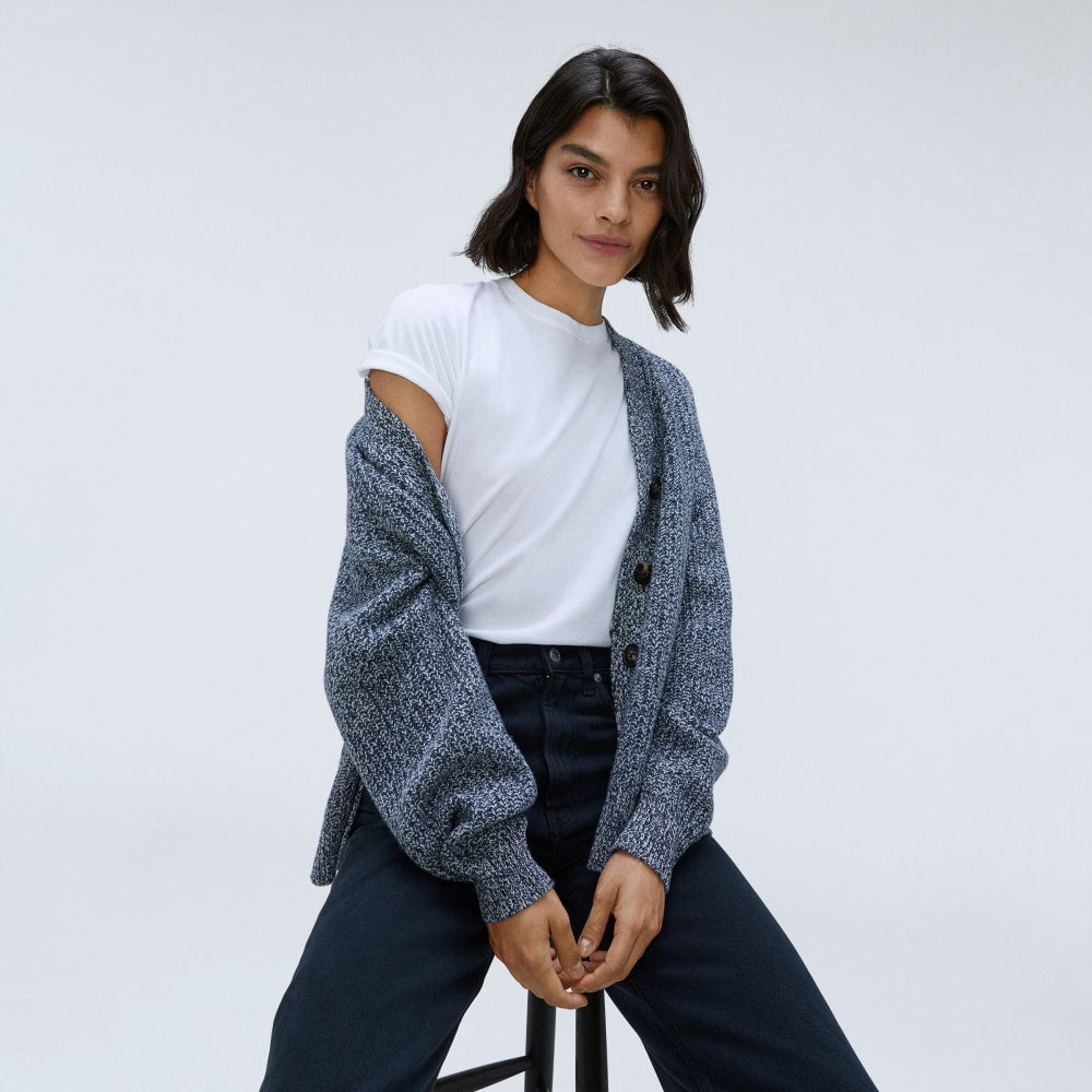 The Felted Merino Cardigan in Dark Mallard / Oat Twist — detail view