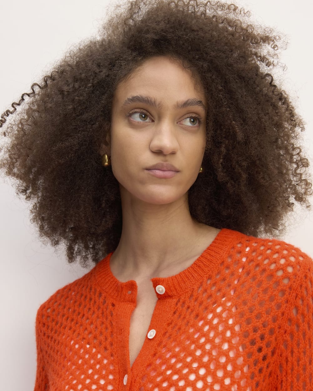 The Everlane x Marques' Almeida Alpaca Mesh Cardigan in Red Orange — detail view