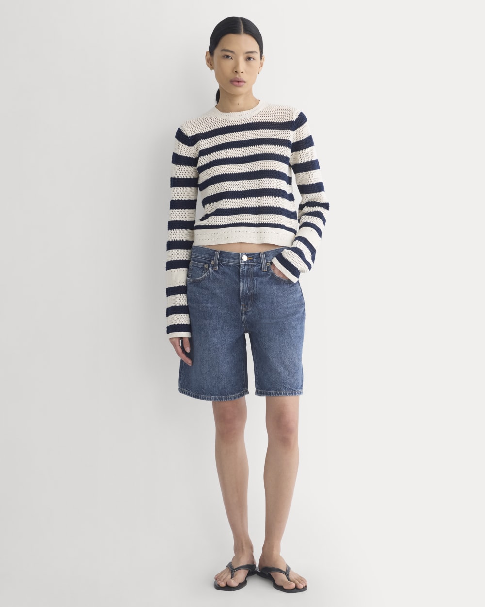 Open Knit Long-Sleeve Crew in Everyday Cotton in Canvas / Navy — detail view