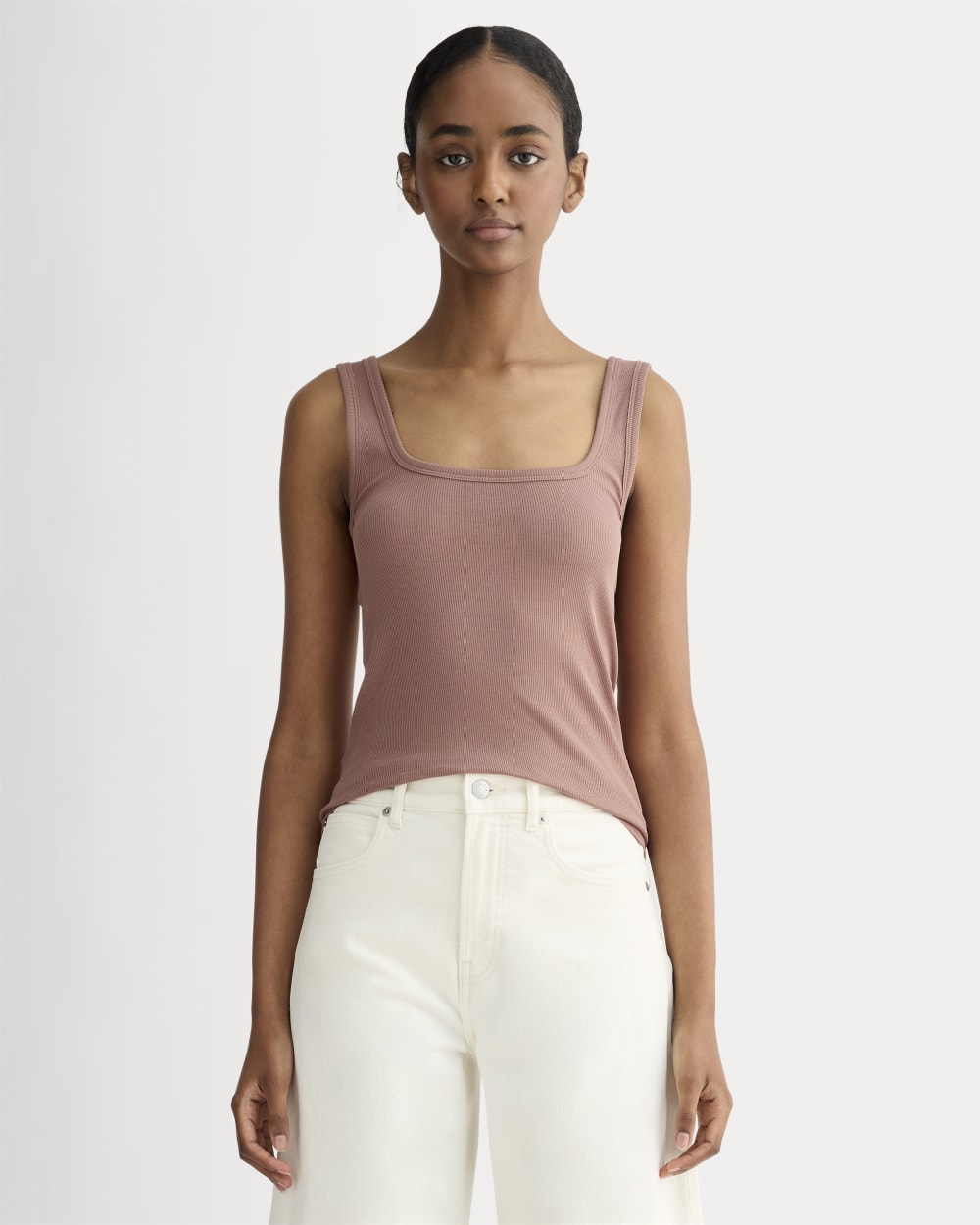 The Luxe Rib Square-Neck Tank in Rose Dusk — front view