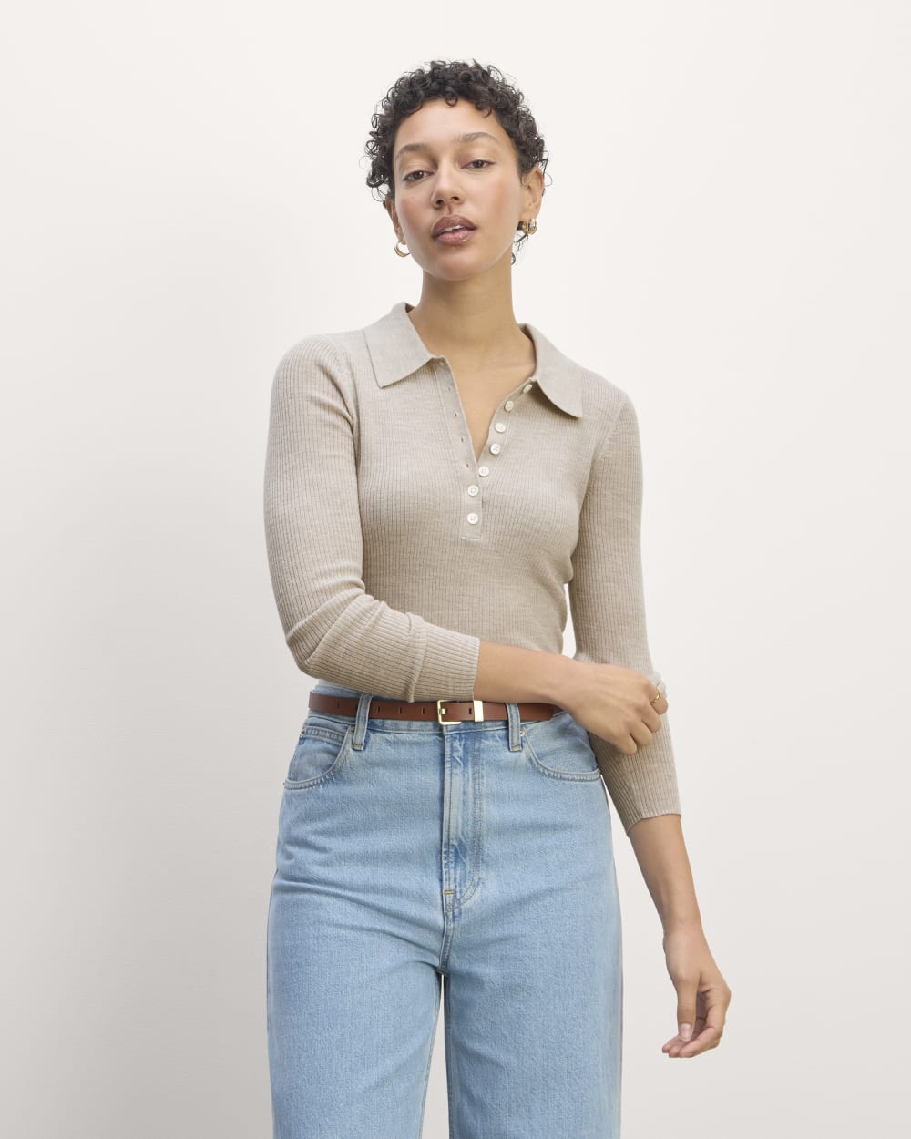 The Polo in Ultrasoft Merino in Heather Oatmeal — front view