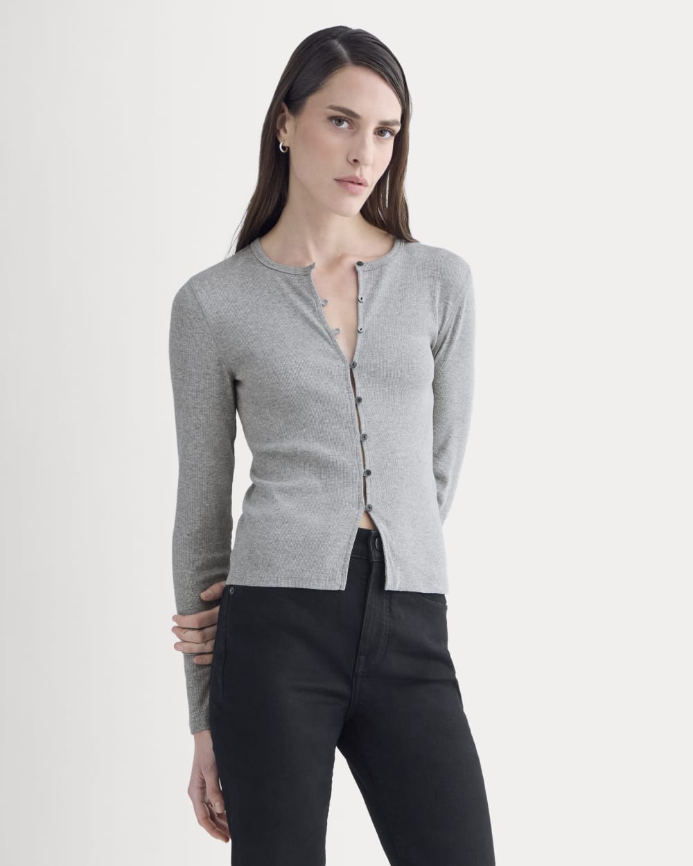 Luxe Rib Button-Up Top in Heathered Light Grey — detail view
