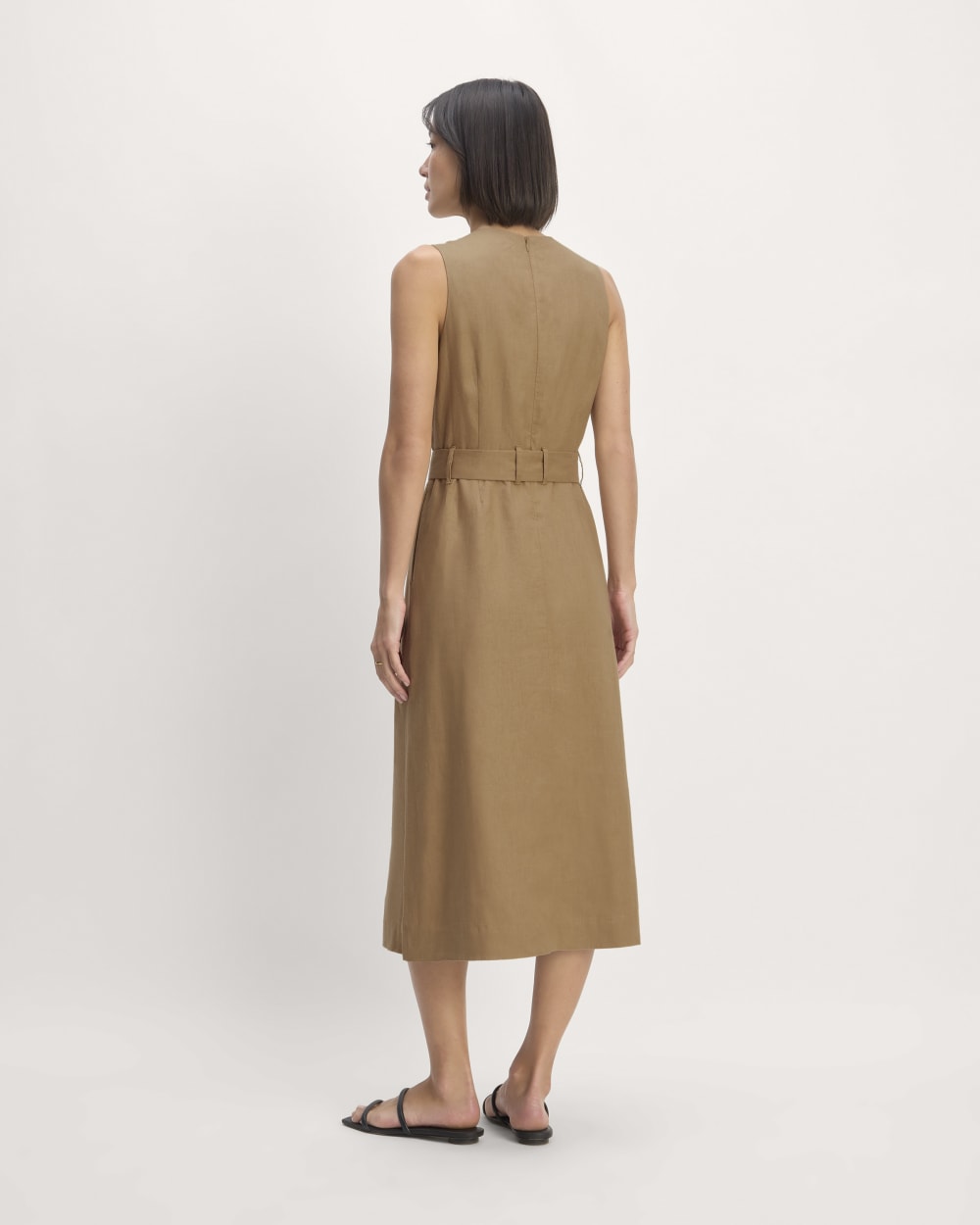 The Linen Belted Midi Dress in Tiger's Eye — detail view