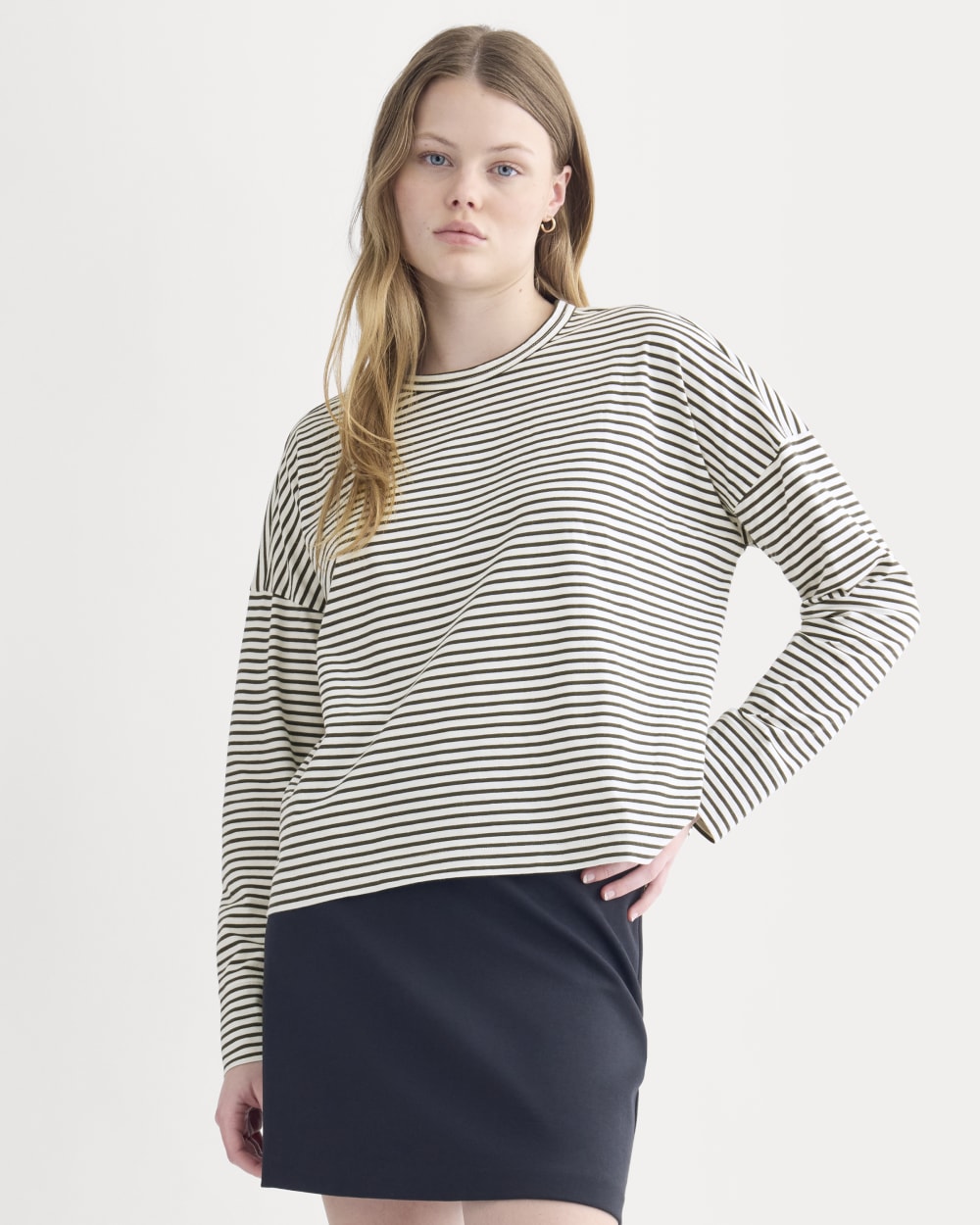 Oversized Boxy Crew in Essential Cotton in Bone / Pirate Black Stripe — front view