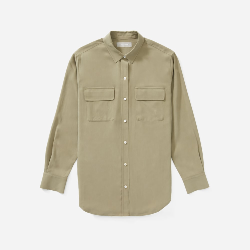 The Washable Silk Relaxed Shirt in Covert Green — detail view