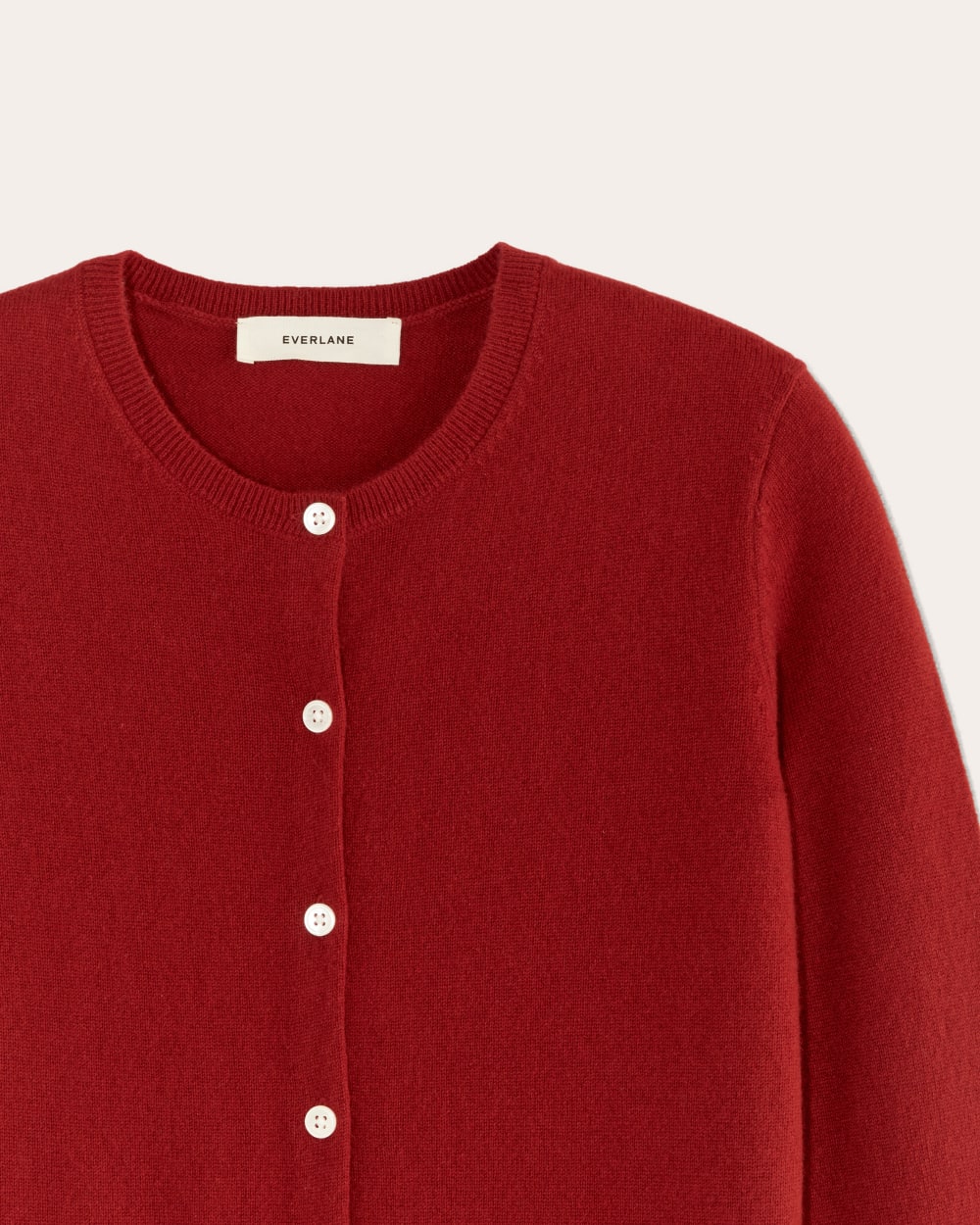 The Classic Cardigan in Cashmere in Berry Red — detail view