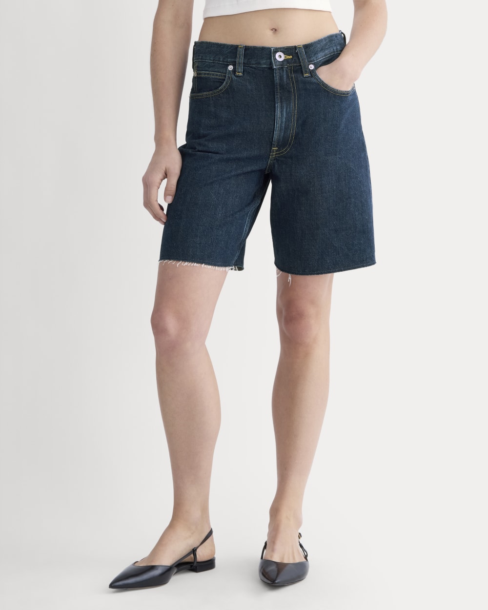 The OG Baggy Jean Short in Dark Indigo — detail view