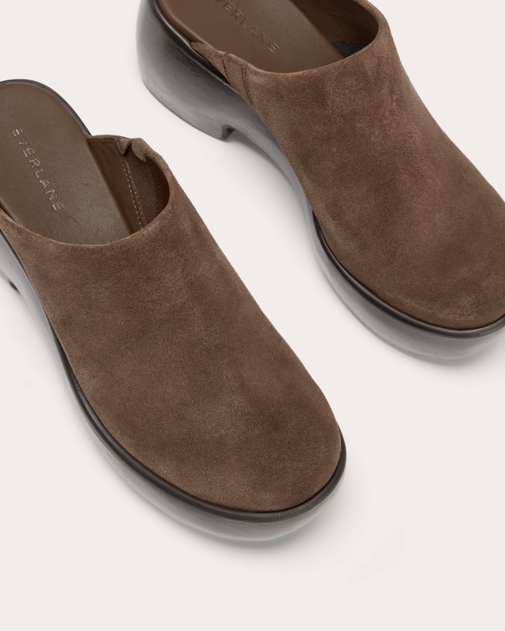 The Wooden Puffa Clog in Dark Umber Suede — detail view