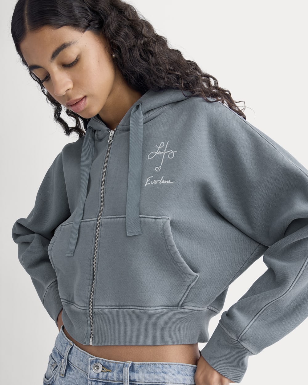 Everlane x The Laufey Foundation Cropped Full-Zip Hoodie in Vintage Indigo — detail view