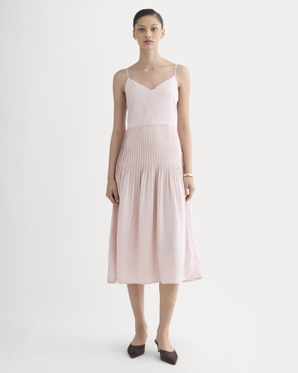 The Pleated Slip Dress in Butterlite in Soft Rose — front view