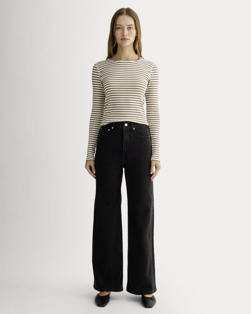 The Luxe Rib Long-Sleeve Crew in Bone / Deep Taupe — detail view