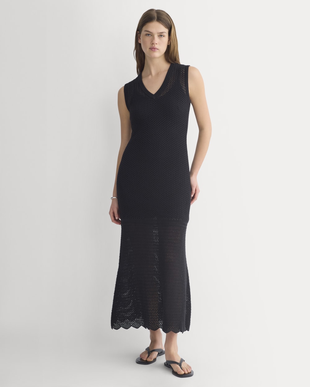 Lace Knit Maxi Sweater Dress in Black — front view