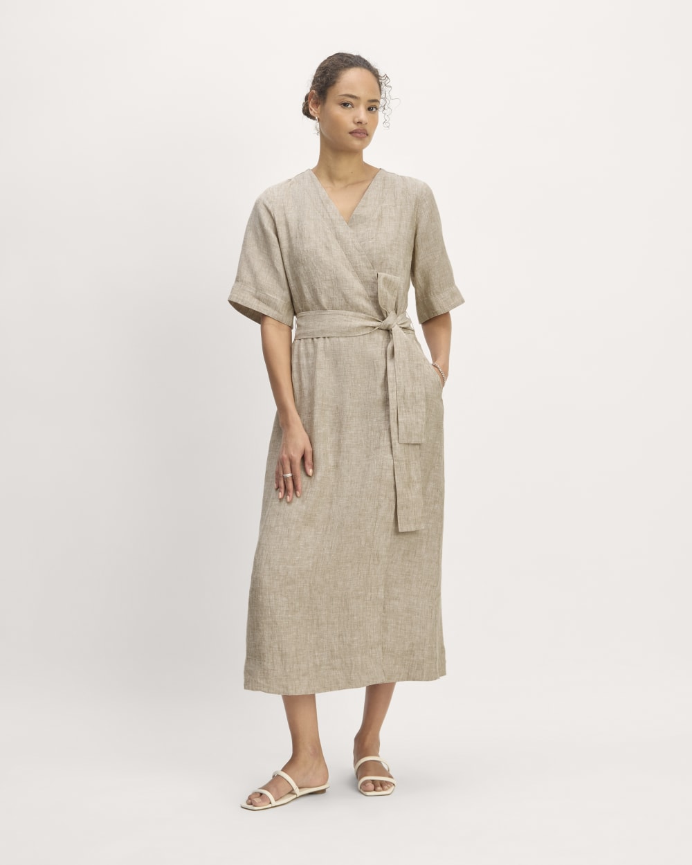 The Wrap Dress in Linen in Cornstalk Chambray — front view