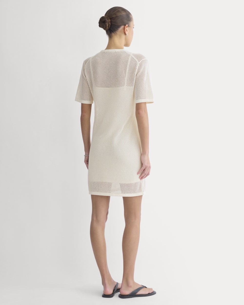 Mesh-Knit Short-Sleeve Dress in Bone — detail view