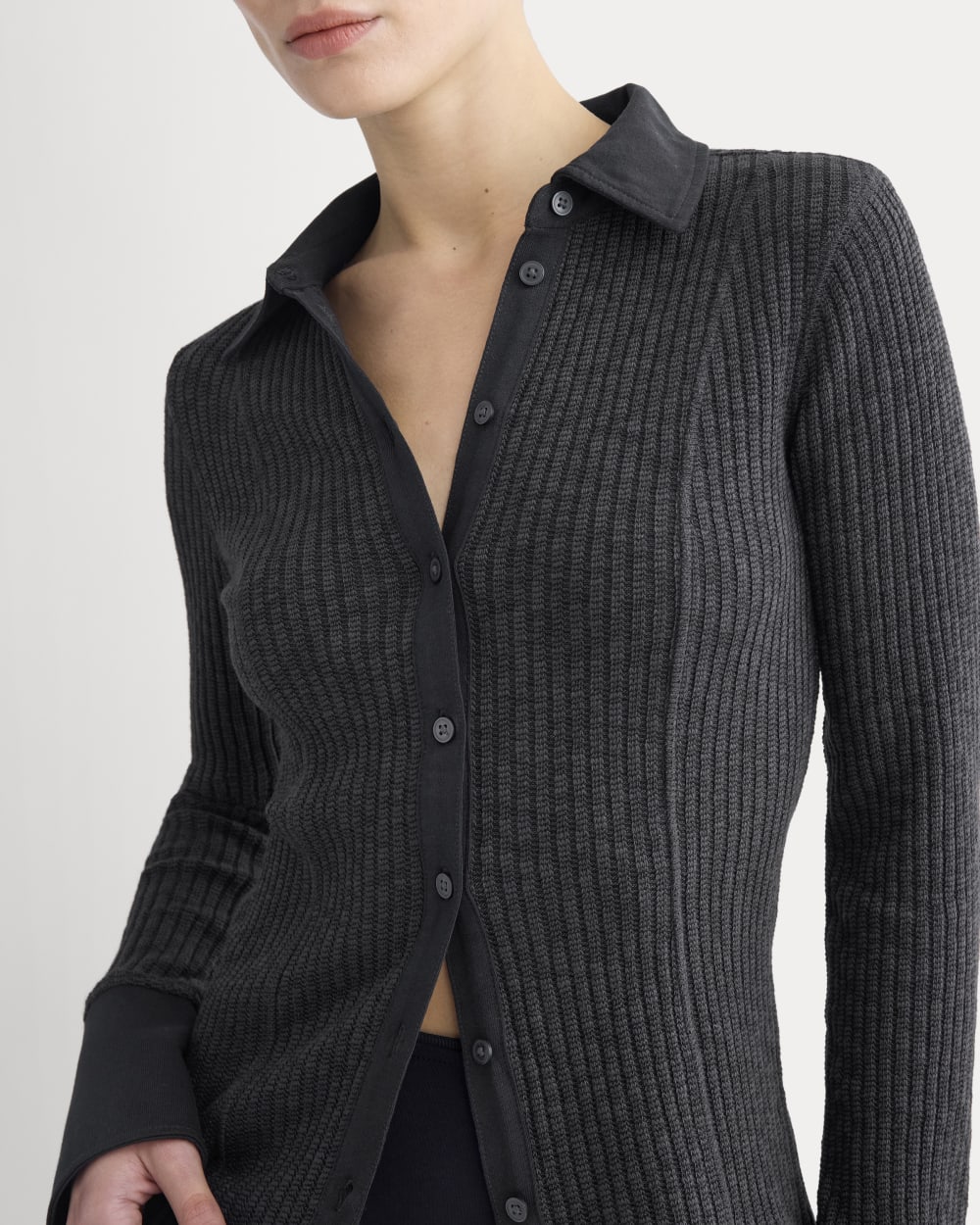 Cozy Rib Button-Up in Black — detail view