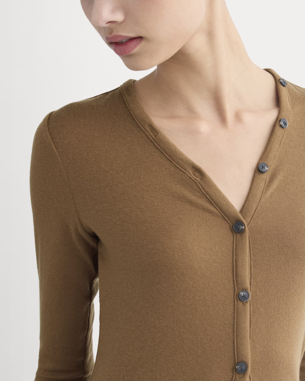Sheer V-Neck Cardigan in Butterluxe in Toffee — detail view