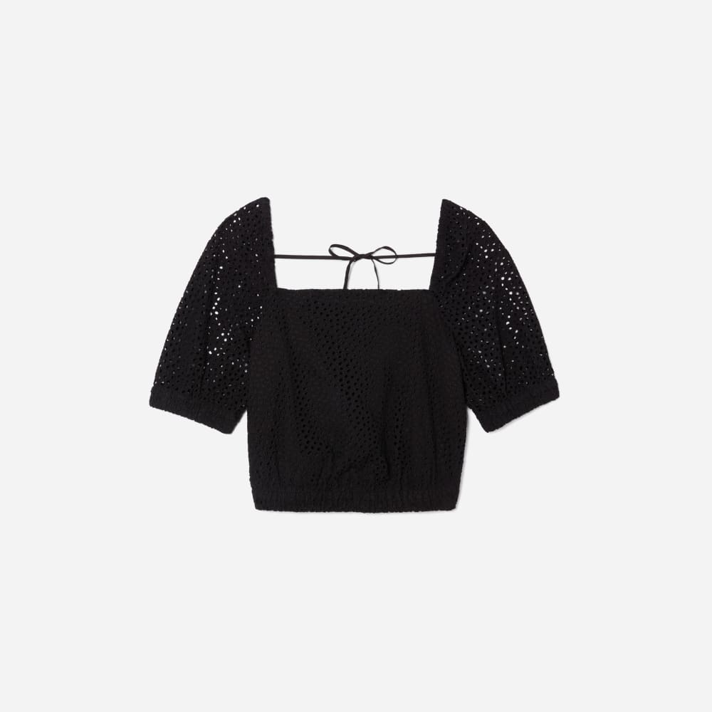 The Eyelet Puff Sleeve Top in Black — front view