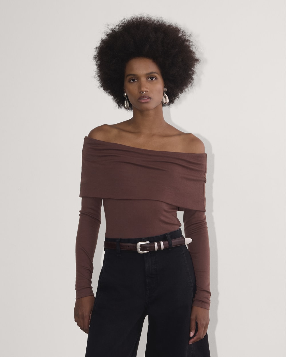 The Off-the-Shoulder Top in Butterluxe in Dark Mahogany — front view