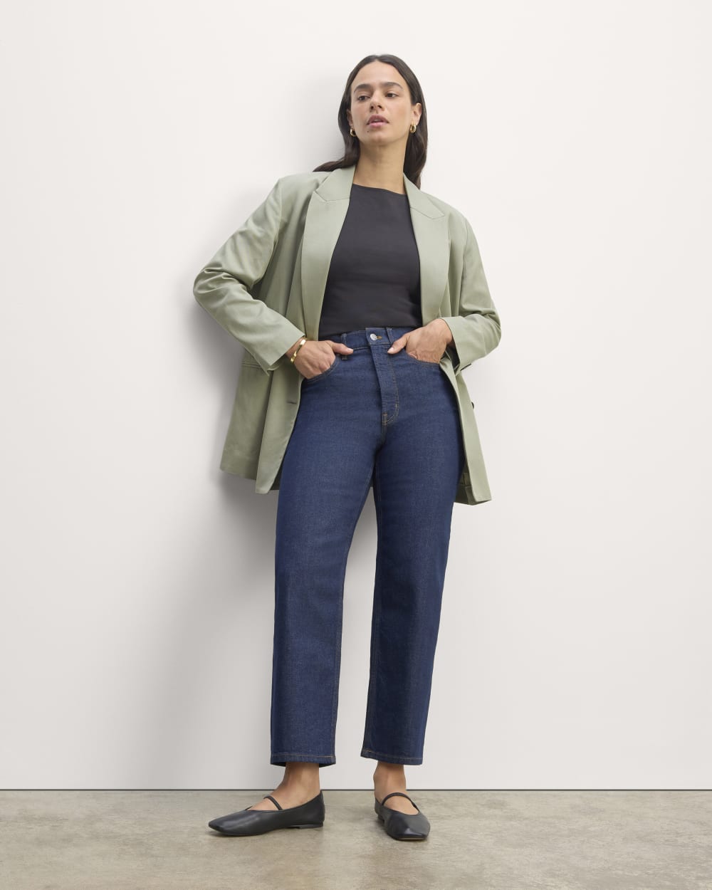 The Double-Breasted Blazer in Buttersmooth in Seagrass — detail view