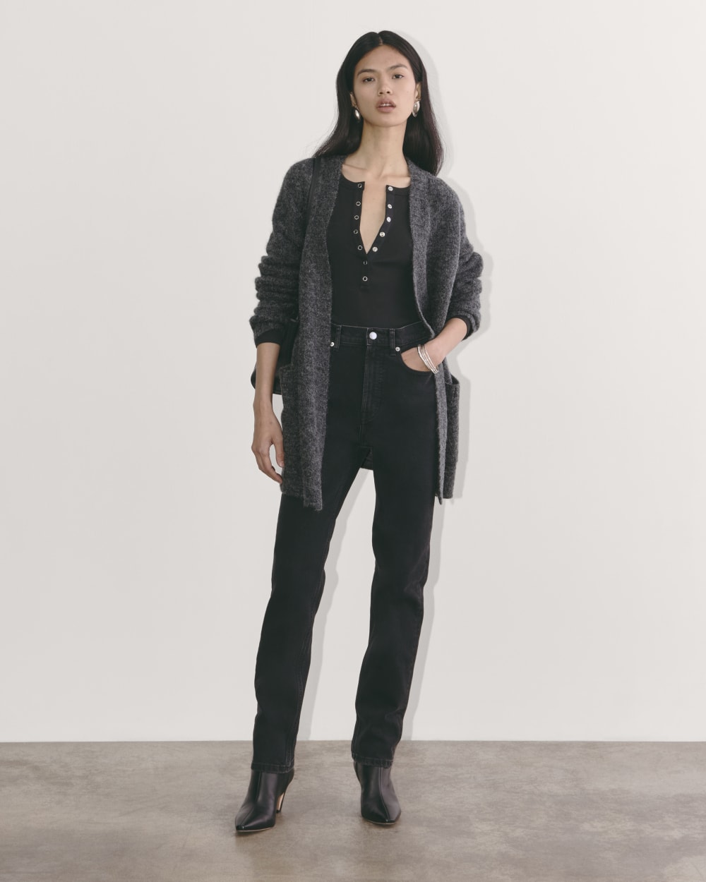 The Robe Cardigan in Alpaca in Dark Charcoal — detail view