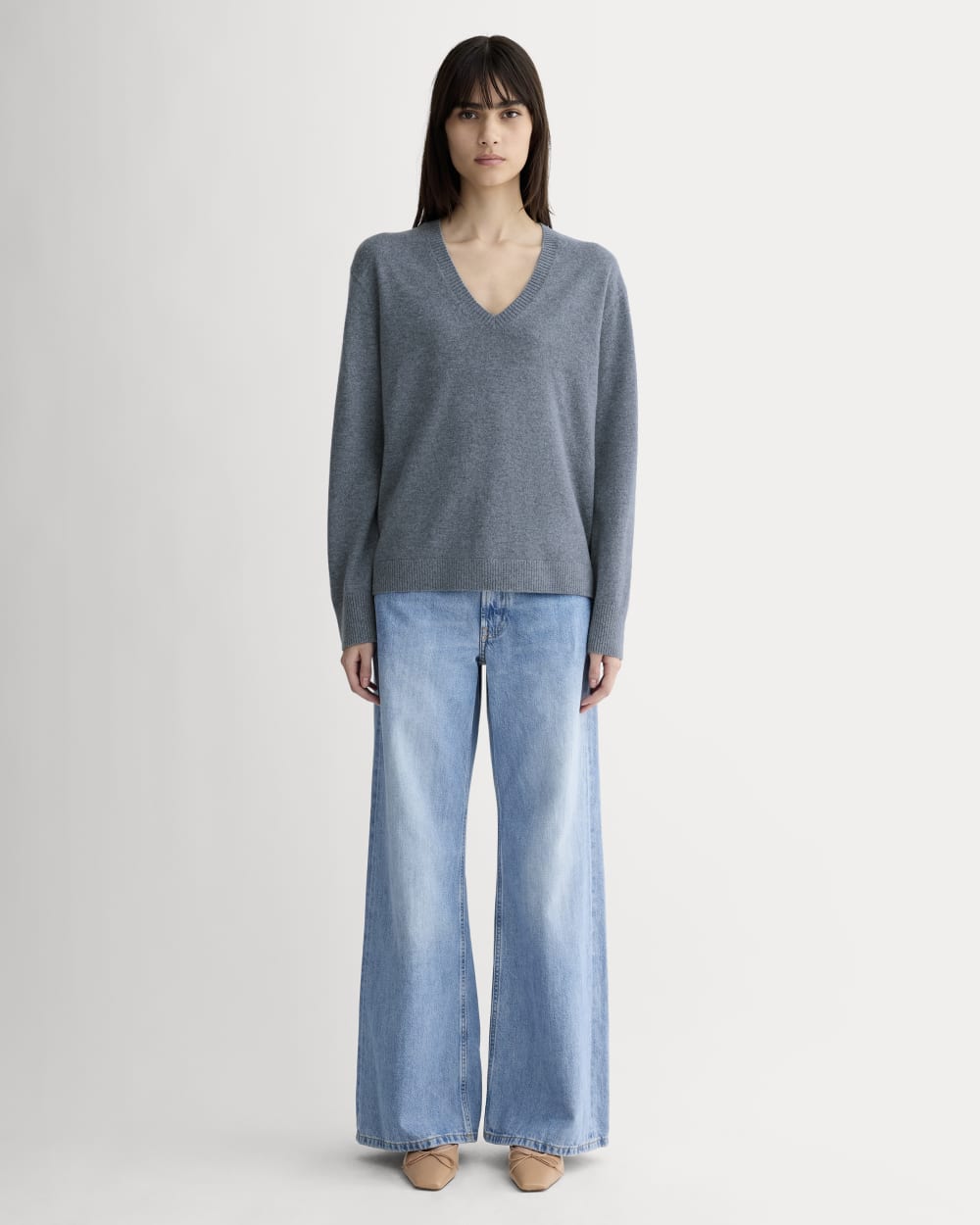 The Classic V in Cashmere in Denim Blue — detail view