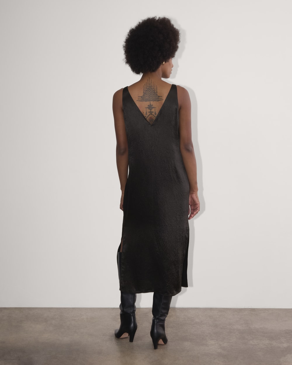 The Satin Slip Dress in Black — detail view