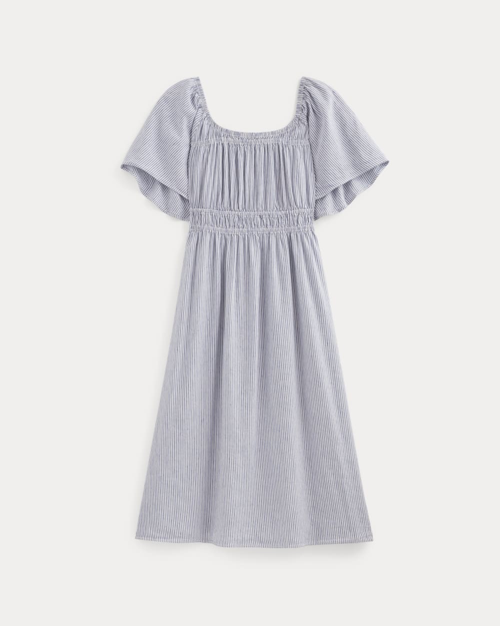 The Flutter-Sleeve Dress in Stretch Linen in White / Dutch Blue — alternate view