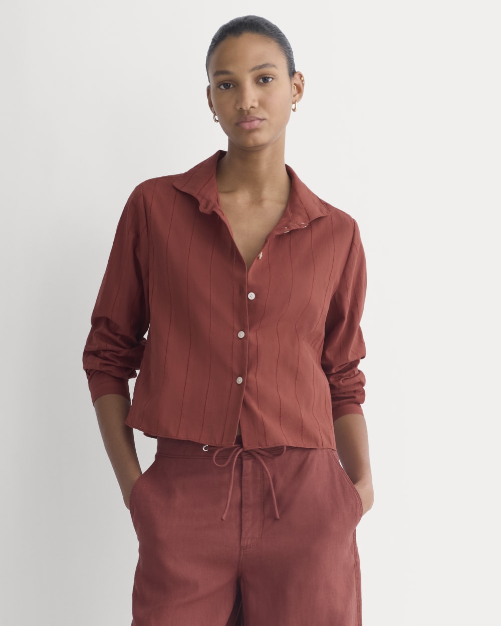 Textured Mini Collar Shirt in Henna Red — front view