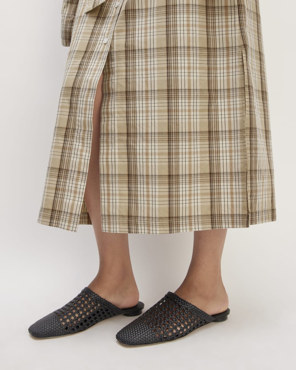The Supima® Cotton Short-Sleeve Shirt Dress in Pale Khaki Plaid — detail view