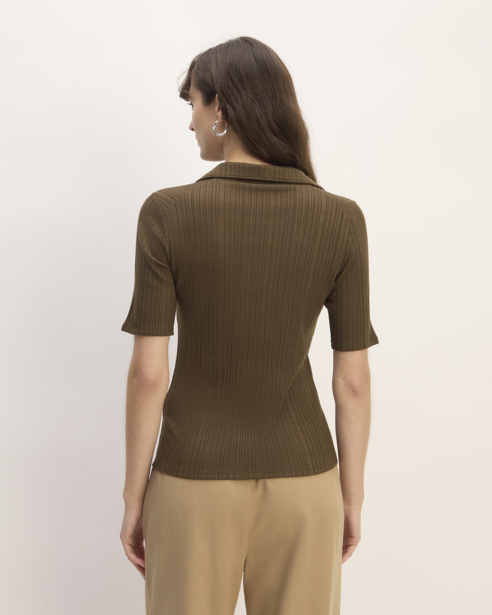 The Rib Soft Knit Open Collar Polo in Cocoa — detail view