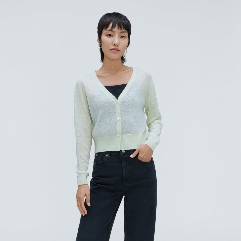 The Featherweight Alpaca Cardigan in Seafoam Green — front view