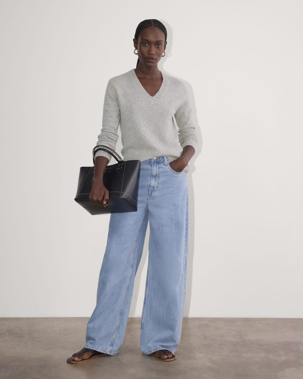 The V-Neck Sweater in Plush Cotton in Heathered Grey — detail view