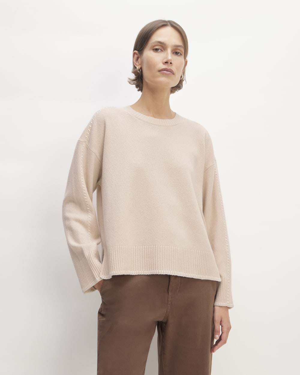 The Good Merino Wool Crewneck Sweater in Buttermilk / White — front view