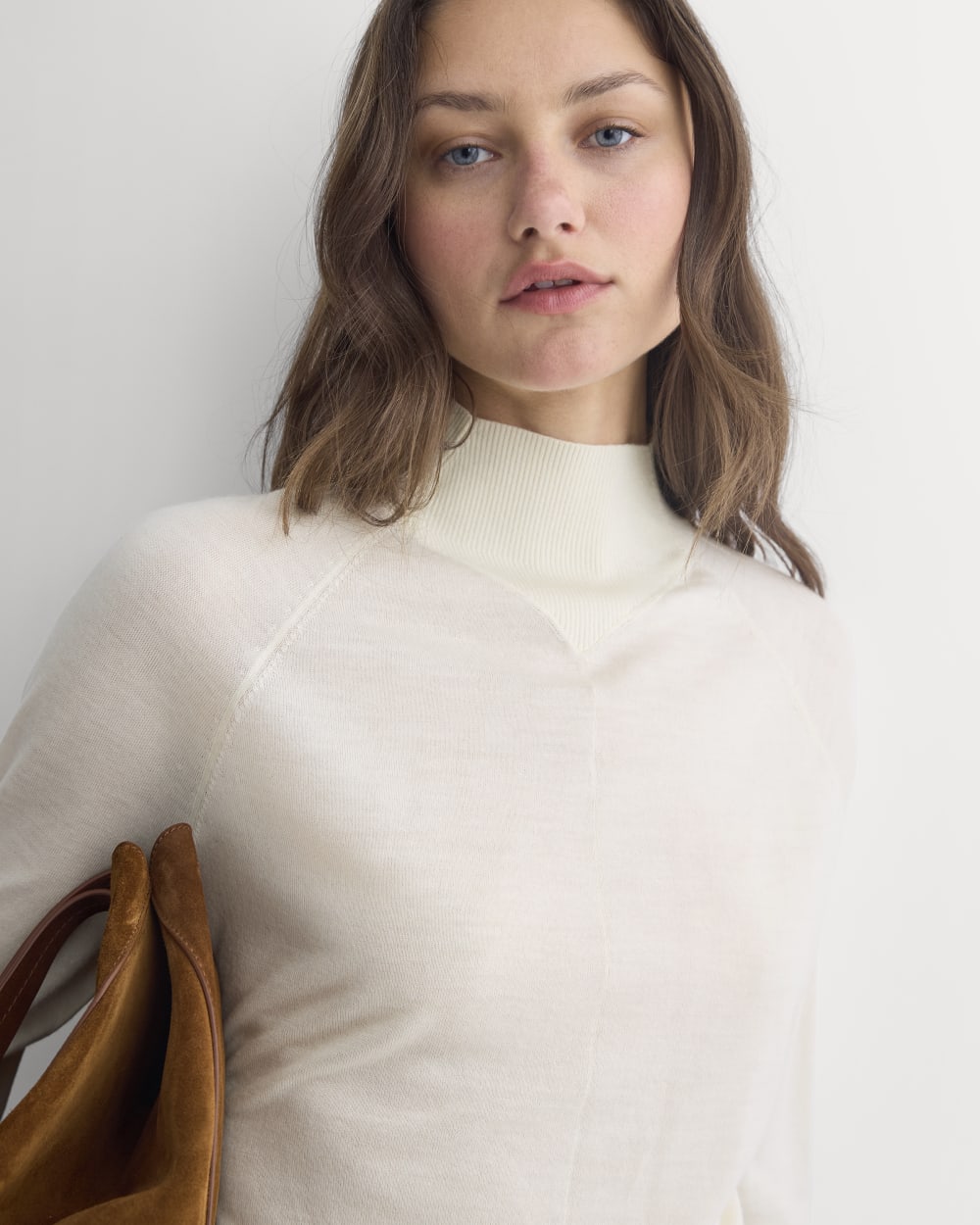 Mockneck Sweater In Ultrafine Merino in Bone — detail view