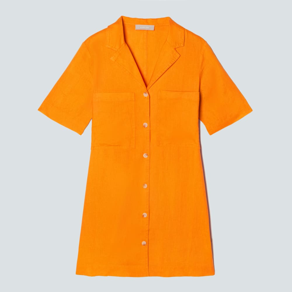 The Linen Workwear Dress in Turmeric — front view
