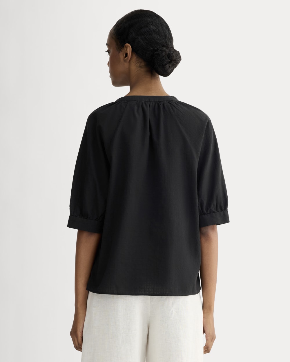 The Gauze Gathered Top in Black — detail view